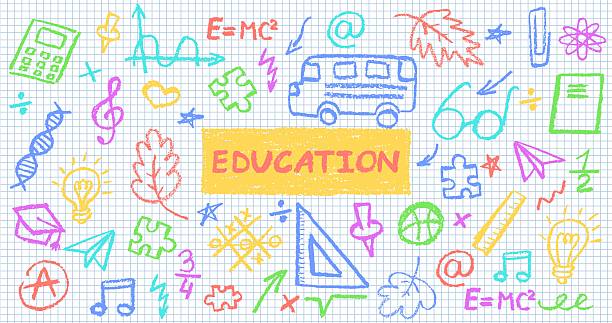 Charcoal school doodles on notebook sheet in a cage. Fun handdrawn icons for back to school themes. Cute childish education pastel or colorful wax pencil signs. Grunge vector classroom symbols