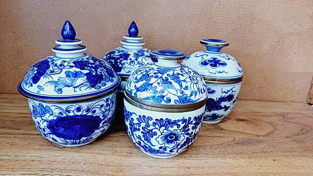 istock Blue and white patterned porcelain decorative bowls with lids. Vase, Flowerpot. 2225646483