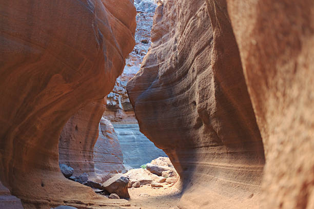 A group of explorers navigates through stunning rock formations in a canyon during a bright day, showcasing nature's beauty.