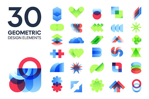 Set of 30 modern geometric design elements in vibrant colors. Ideal for posters, web design, branding, and creative layouts. Editable and scalable vector shapes.