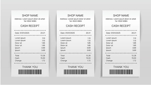 stockillustraties, clipart, cartoons en iconen met realistic 3d vector paper shop receipts with barcode – isolated printed sales bill template for pos, atm, and payment records mockup - kassabon