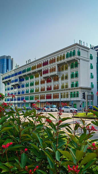 Colourful facade of the Former Station with a floral foreground