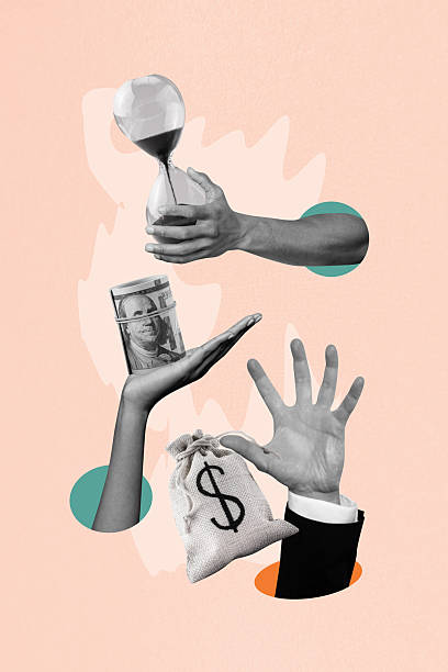 istock Vertical image collage human hands dollars banknotes cash funds sandwatch time management arrangement countdown trade management 2225659319