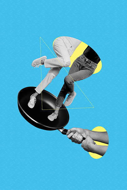 istock Composite trend artwork sketch image photo collage of surreal model posing two person bosyless stand frying pan kitchenware hand hold tool 2225659543