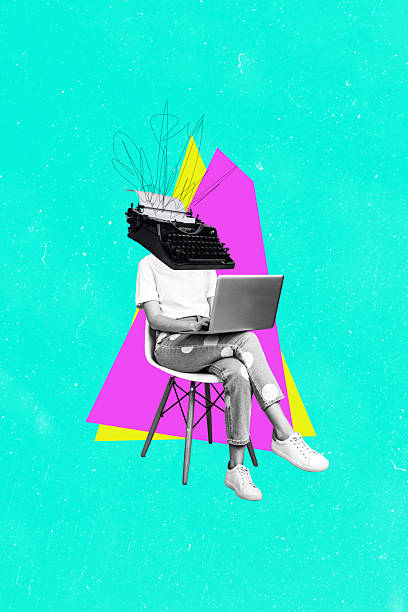 istock Vertical photo collage of anonym human instead head typewriter machine author type laptop novel story isolated on painted background 2225659736