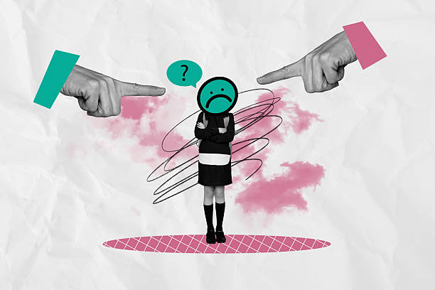 istock Creative collage image young headless schoolgirl uniform sad face emoticon bullying cruel attitude harassment finger gesture pointing 2225659992