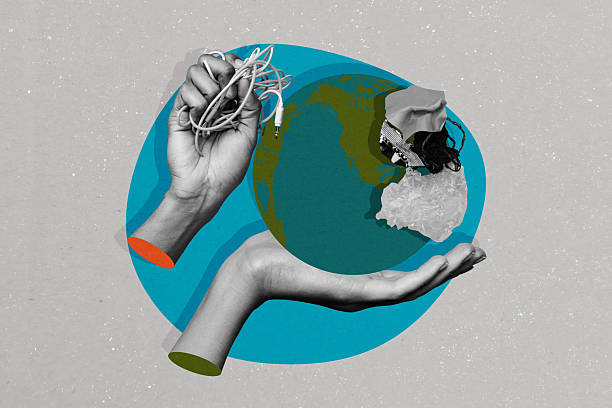 istock Creative collage 3d hands hold planet earth map continent headphones cable body fragments pollution eco care wrists drawing background 2225660068