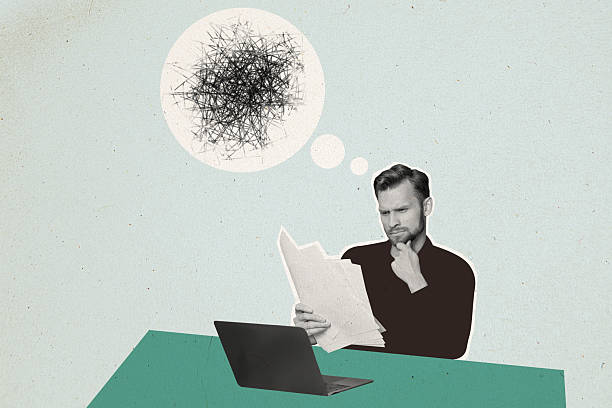 istock Composite artwork sketch image photo collage of silhouette young man office worker hold document n hand think cloud mind mess doodle 2225661133