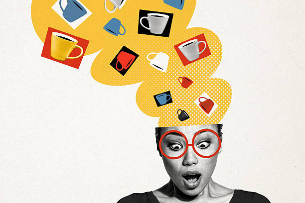 Composite trend artwork sketch collage of half head brain think coffee cup drink young lady portrait omg face eyewear student watch.