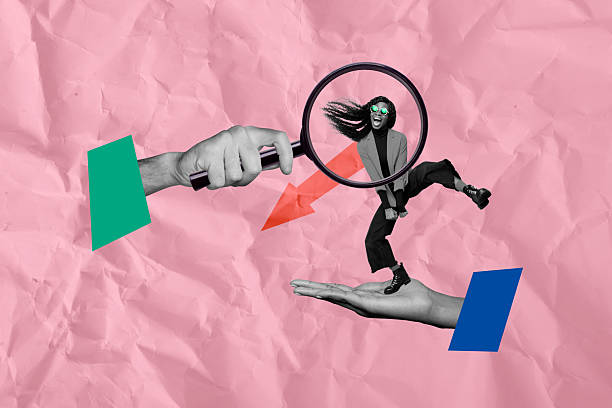 istock Creative collage picture young woman jump dance magnifying loop enlarger tool discover explore investigate arrow direction 2225661744