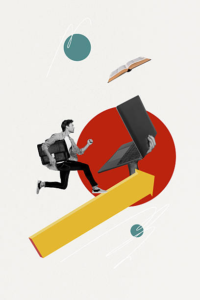 istock Vertical collage picture young man run arrow direction forward up improvement laptop digital device manager suitcase worker employee 2225662176
