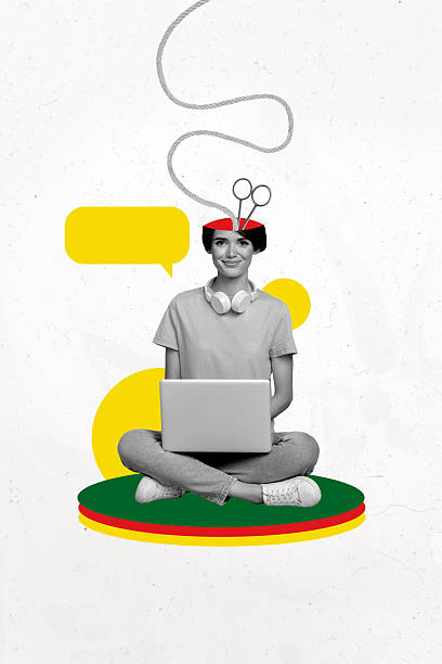 istock Vertical collage poster young woman freelancer half head brainwashing propaganda textbox phrases communication forum remote worker 2225663541