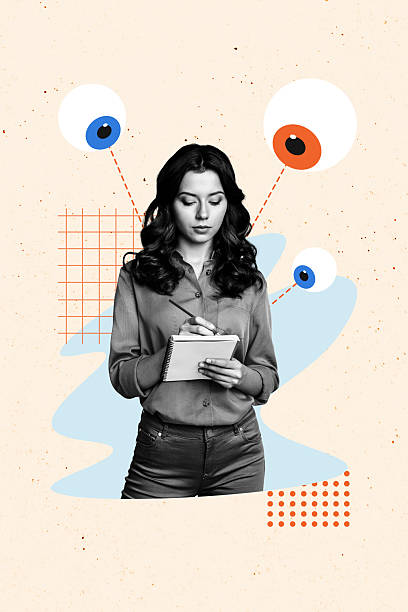 istock Composite trend artwork 3D sketch collage of young lady student stand arm hands write notebook huge eye watch vision control oversee 2225664741