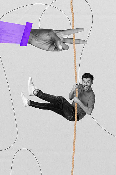 istock Composite trend artwork 3D sketch image photo collage of huge hand gesture two finger cut scissors rope young guy hanging smile funny high 2225665181