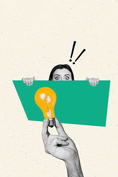 istock Vertical poster collage young woman hide peek spy look afraid fear lamp lightbulb eureka smart decision solution drawing background 2225665270