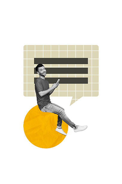 istock Vertical creative art collage of happy guy hold phone type message correspondence speech app messenger isolated on painting background 2225665360