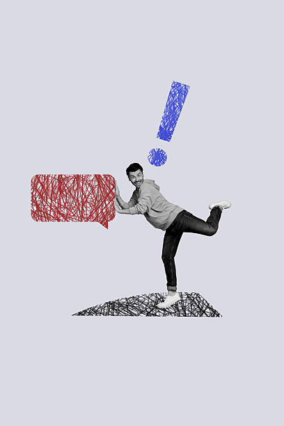 istock Vertical photo collage of excited man push doodle text box notification warning sign exclamation speech isolated on painted background 2225665564