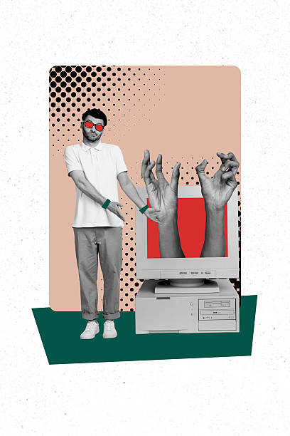 istock Vertical collage young man computer monitor screen virtual internet addiction hands catch reach  psychedelic surreal drawing background 2225665580