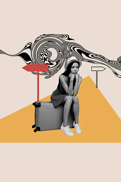 istock Vertical poster collage young woman bored upset road sign pointer direction lost way valise vacation abroad trip drawing background 2225665885