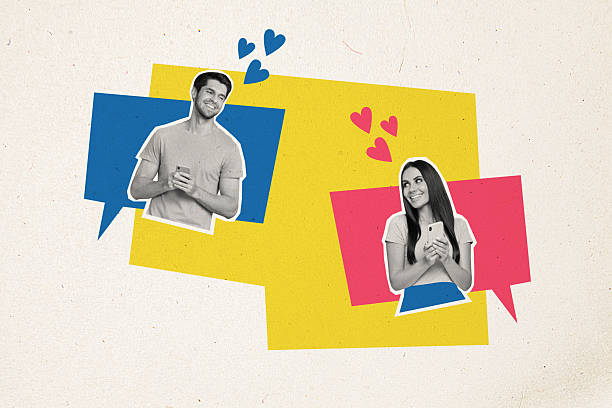 istock Composite artwork sketch image photo collage of monochrome cloud speech box chatting conversation man lady couple online date hold phone 2225666077