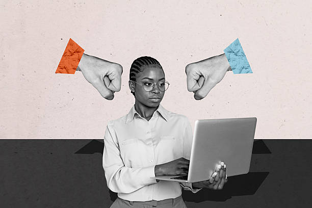 istock Creative collage young diligent employee woman laptop digital device remote worker hands body fragments punch hit strike violence fight 2225666861