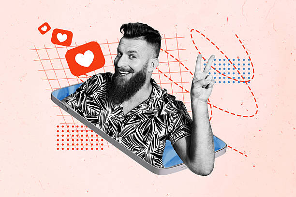 istock Creative photo collage young man showing gesture two fingers peace blogger notification smartphone feedback like icons drawing background 2225667571