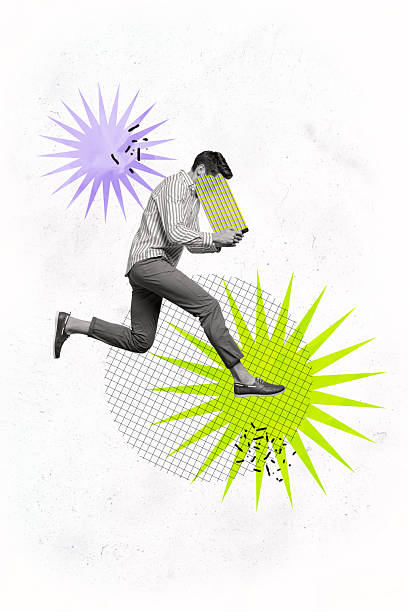 istock Creative artwork collage poster of man guy running fast addicted use cell smart gadget over white background 2225667930