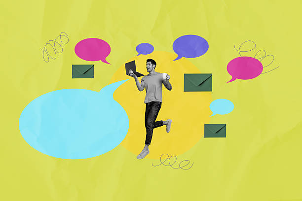 istock Composite artwork collage of message speech cloud chatting envelope social media contact young guy online meeting laptop hold coffee cup 2225668009