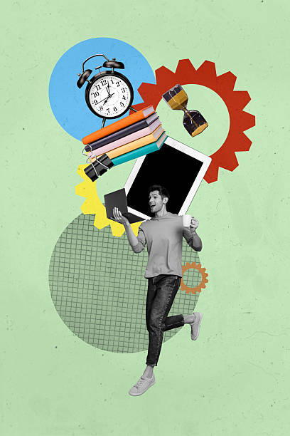 istock Vertical collage young man remote worker laptop digital device cogwheel gears alarm bell time management clock organization workload 2225668036