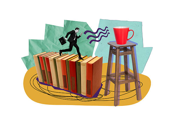 Creative picture collage young businessman diplomat suitcase go run books stack collection coffee mug arome hot drink drawing doodles.