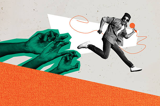 istock Creative collage running man microphone mass media journalist reporter worker profession surreal hands reach catch propaganda brainwashing 2225668107