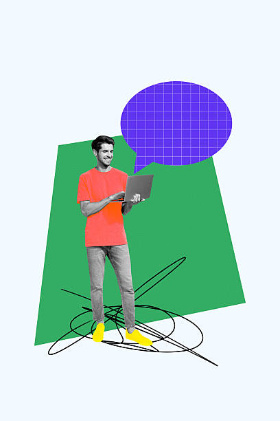 istock Vertical creative art collage of happy man type laptop bubble communication text box phrase message isolated on painting background 2225668173