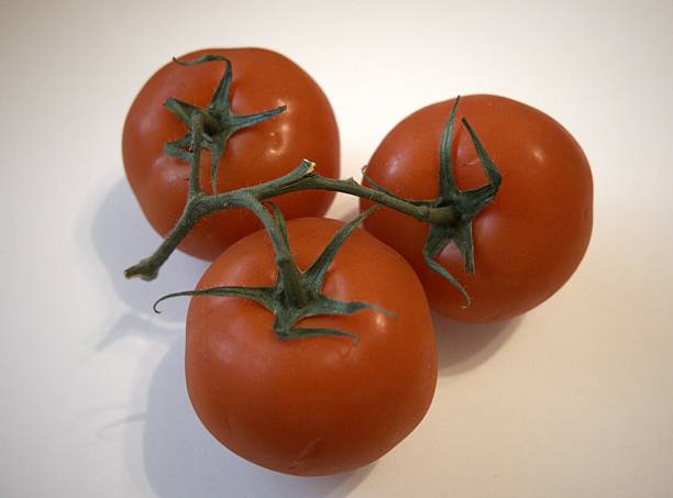 3 whole red tomatoes with white background close up.