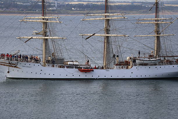 Aberdeen, Scotland 17th July 2025. A close-up view of the majestic Sorlandet Tall Ship's bow, featuring a group of crew members on its deck. The detailed rigging and elegant lines of the vessel highlight its historical beauty, with the crew adding a dynamic element to the scene.