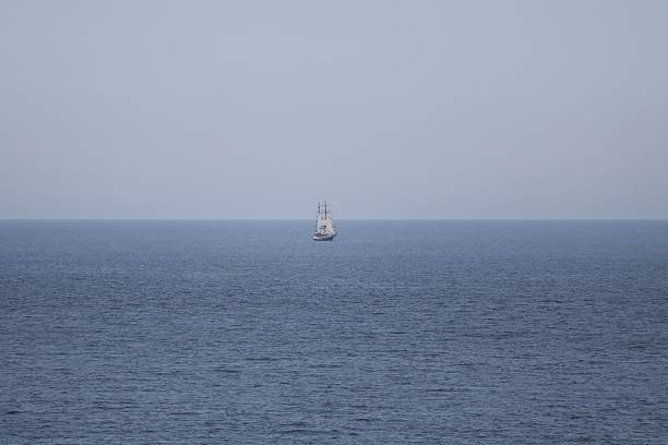 Aberdeen, Scotland July 16, 2025 .A panoramic view of Aberdeen North Sea with Tall Ship in the distance.The sea skyline in the background hints at the upcoming Tall Ships event in 2025