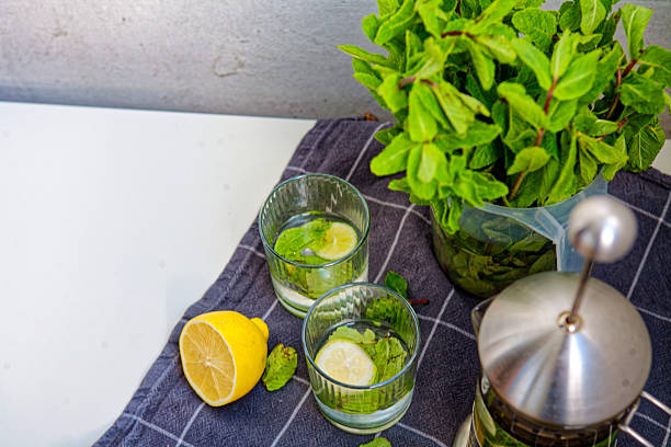 Refreshing Summer Drink Preparation With Lemon, Lime, And Mint Leaves On A Wooden Board, Surrounded By Clear Glasses, A French Press, And A Fresh Bunch Of Mint In A Light Kitchen Setting.