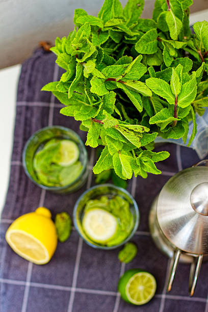 Refreshing Summer Drink Preparation With Lemon, Lime, And Mint Leaves On A Wooden Board, Surrounded By Clear Glasses, A French Press, And A Fresh Bunch Of Mint In A Light Kitchen Setting.