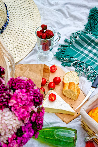 istock Summer Picnic Still Life With Baguette, Cheese, Tomato, Peach, 2225687994