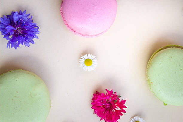 A delightful flat lay of colorful green and pink macarons paired with wildflowers including daisies