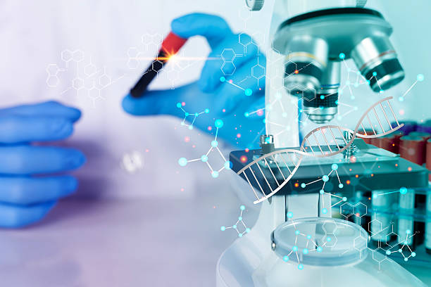 istock Scientist analyzing DNA with microscope and test tube in futuristic laboratory, biotechnology research concept 2225720181
