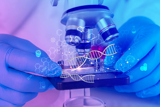 Close up of scientist hands wearing gloves working with microscope and DNA graphic overlay. Concept of biotechnology, genetics, molecular biology, scientific research, healthcare and innovation in lab