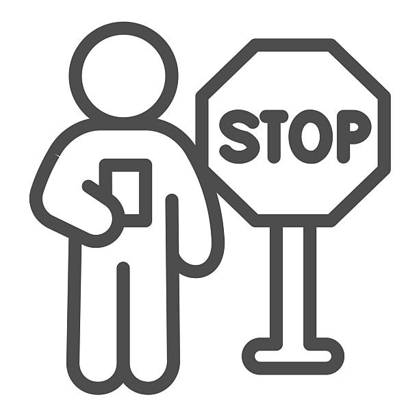 Instructor man with STOP rule post line icon, driver license concept. Vector graphics. Man with test paper and signpost sign on white background, outline style icon for mobile or web design. Instructor man with STOP rule post line icon, driver license concept. Vector graphics. Man with test paper and signpost sign on white background, outline style icon for mobile or web design placard student sign student driver stock illustrations
