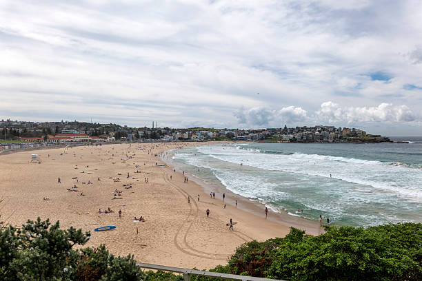 Sydney, Australia: March 26th, 2025. View of Bondi Beach and town centre in Sydney, Australia