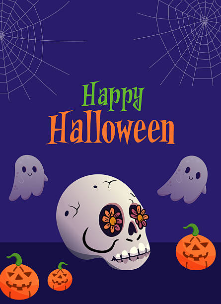 istock Spooky Happy Halloween poster with scull, pumpkin and ghost 2225737246