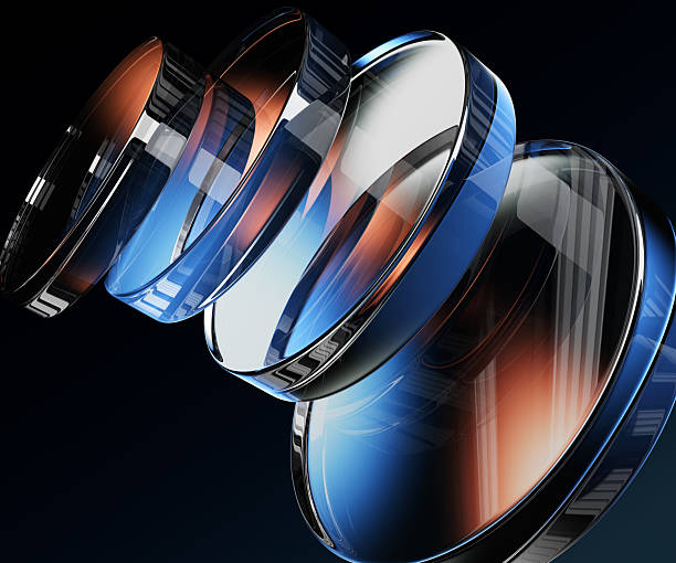 istock Abstract black 3d background with glass round disks, circle discs, circular plate shapes. Iridescent crystal lens pattern with terracotta blue gradient. Futuristic digital tech banner 2225743970