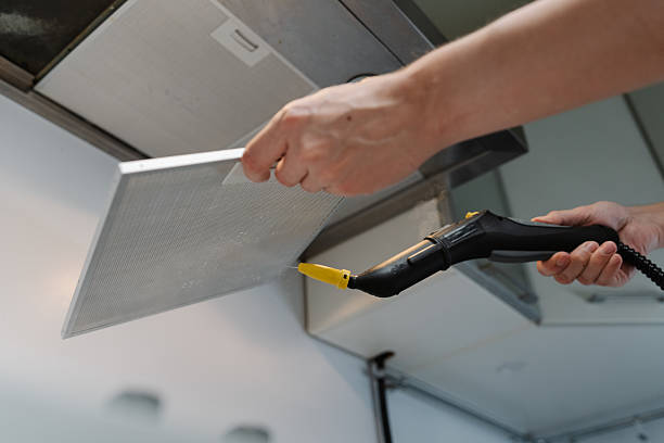 istock Low-angle view of homeowner disinfecting kitchen extractor filter using steam cleaner in modern kitchen, ensuring hygiene and cleanliness. 2225750162