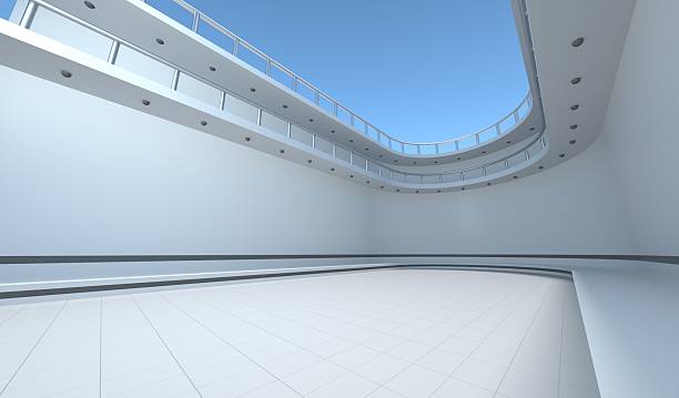 istock Modern Empty Interior Space with Curved Balcony and Clear Blue Sky 2225750806