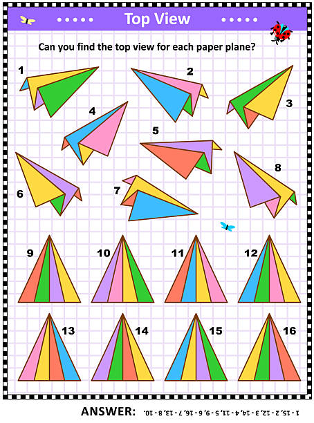 istock Math visual puzzle or picture riddle with colorful paper planes: Can you find the top view for each paper plane? Answer included. 2225751462