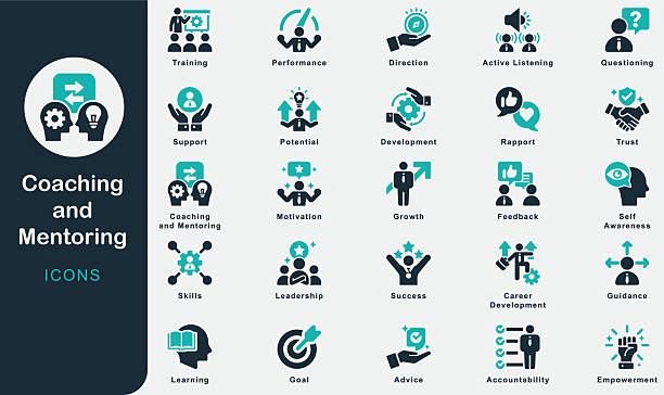 stockillustraties, clipart, cartoons en iconen met coaching and mentoring solid icons collection.containing training, goal, motivation, advice, success, direction, performance, support, development, growth, guidance, feedback, potential, empowerment - coach