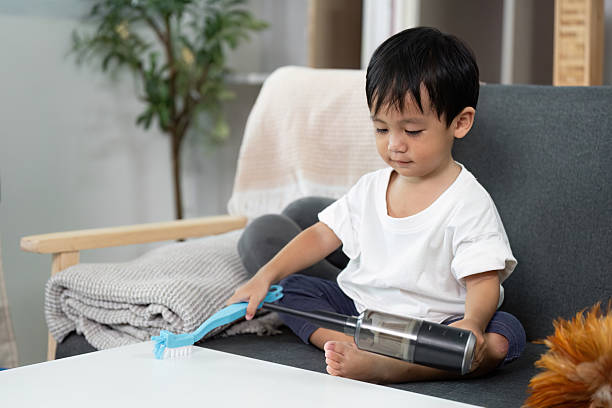Child Playing with Toy Cleaning Tools, Indoor Fun
